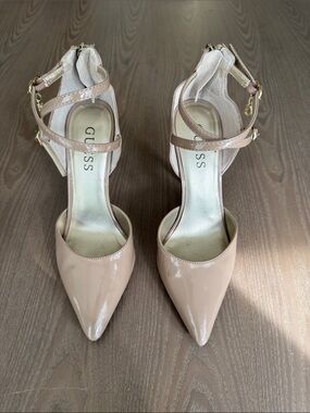 GUESS Tan Patent Pointed-Toe Ankle-Strap Heels